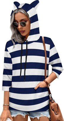 MENRIAOV Blue And White Stripes Womens Cute Hoodies with Cat Ears Sweatshirt Pullover with Pockets Shirt Top 3XL