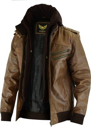 Leatherick Letaherick Men's Genuine Buffalo Leather Hooded Biker Jacket Brown (UK