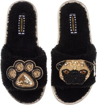 Laines London Teddy Towelling Slipper Sliders With Franki & Paw Brooch - Black