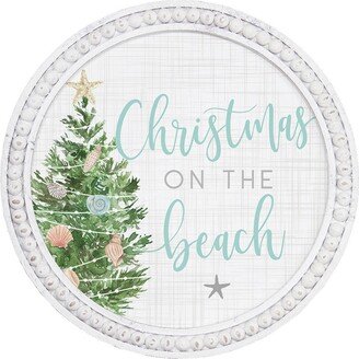 Christmas On The Beach Sign - Round Wood Sign With Beaded Frame Beachy Wall Art Beach Theme Seashell