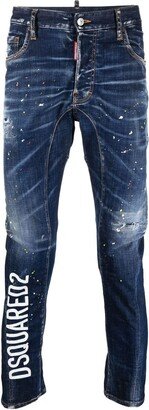 Logo-Print Ripped Tapered Jeans