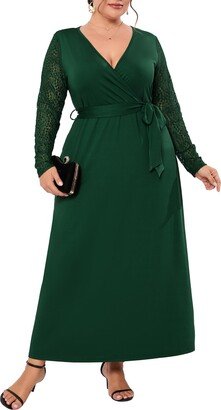 ShopWonder Plus Size V Neck Wrap Maxi Dress for Women Formal Curvy Wedding Guest Dresses Lace Long Sleeve Fall Dress Dark Green 5XL