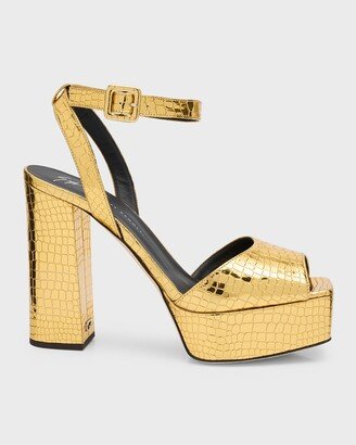 Zanotti Croco Ankle-Strap Platform Sandals