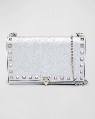 Rockstud Metallic Leather Wallet on Chain