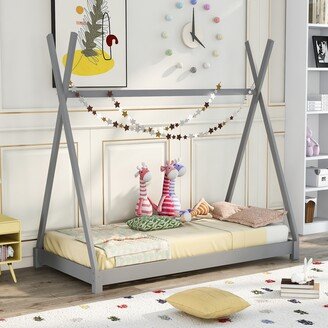 IGEMAN Triangle X-Structure Play House Twin Platform Bed Four Poster Bed with Clean lines&Natural look, No Box Spring Needed