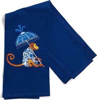 Towel - Chinoiserie Monkey With Blue Umbrella Embroidered Design Kitchen Bath Home Decor