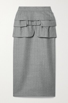 Ruffled Pinstriped Wool Midi Skirt - Gray