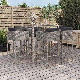 7 Piece Patio Bar Set with Cushions Gray Poly Rattan - 19.7 x 18.9 x 39.4-AA