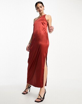 satin one shoulder maxi dress in rust