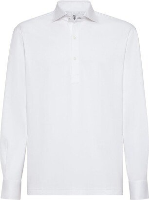 Cotton Jersey Long Sleeve Basic Fit Polo With Shirt-Style Collar