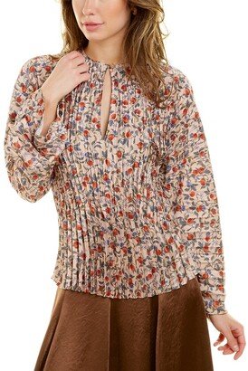 Pomegranate Pleated V-Neck Blouse