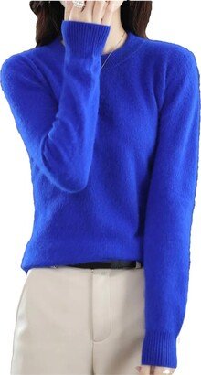 Generic Autumn Winter Women's 100% Mink Cashmere Sweater O-Neck Knitted Pullover Casual Loose Basic Tops Royal Blue