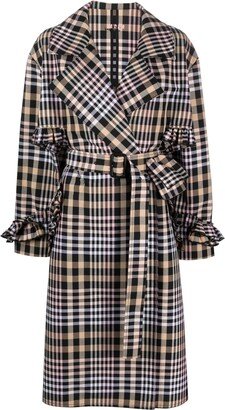 Check-Plaid Belted Trench Coat