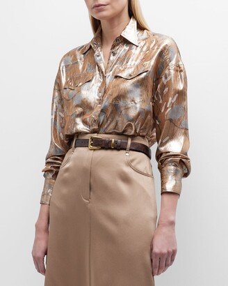 Metallic Laminated-Print Silk Western Blouse