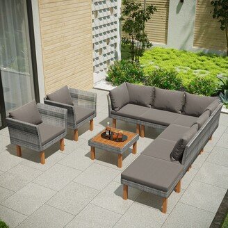 GEROJO Gray Outdoor Patio Furniture All-Weather Wicker Sofa Set with Acacia Wood Table Top and Removable Cushions, PE Rattan