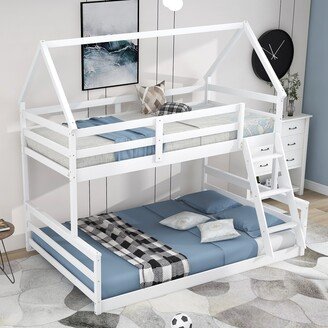 EYIW Twin over Full Size Solid Pine Wood Bunk Bed with Ladder and House Design Frame