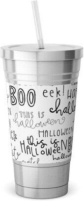 Travel Mugs: Halloween Words - White Stainless Tumbler With Straw, 18Oz, White