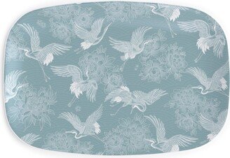 Serving Platters: Majestic Cranes - White On Blue Serving Platter, Blue