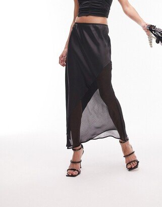 chiffon mix raw hem bias maxi skirt in black