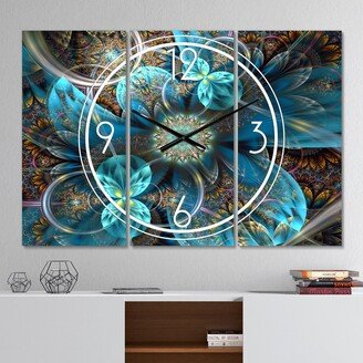 Designart 'Fractal Blue Flowers' Modern 3 Panels Large Wall CLock - 36 in. wide x 28 in. high - 3 panels