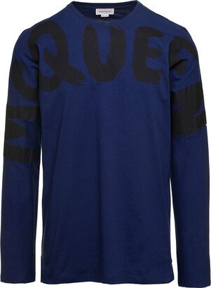 Blue Long-sleeved Long Sleeve Shirt With Logo Print In Cotton Man