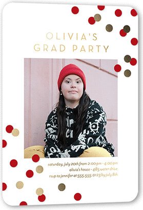 Graduation Invitations: Collegiate Confetti Graduation Invitation, White, Gold Foil, 5X7, Matte, Personalized Foil Cardstock, Rounded