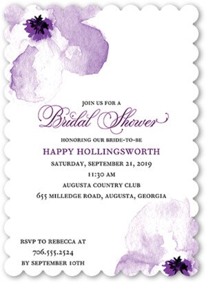 Bridal Shower Invitations: Floral Gallery Bridal Shower Invitation, Purple, 5X7, Pearl Shimmer Cardstock, Scallop