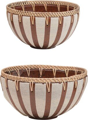 Storied Home Handmade Decorative Terra-cotta Bowls with Woven Rattan Rims, Set of 2