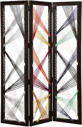 Contemporary 3 Panel Wooden Screen with Woven String Design, Multicolor