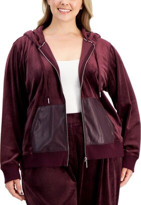 Size Velour Zip Front Hoodie with Faux-Leather Pockets