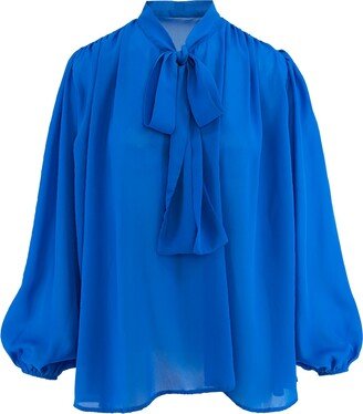 Bluzat Electric Blue Chiffon Blouse With Draped Shoulders & Bow Ribbon
