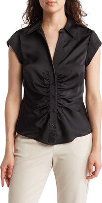 DR2 by Daniel Rainn Ruched Satin Button-Front Cap Sleeve Blouse