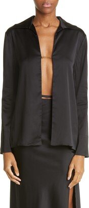 La Chemise Notte Logo Charm Open Front Stretch Satin Blouse