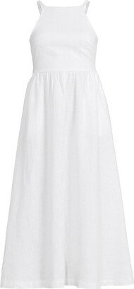 Women's Petite Linen Sleeveless Halter High Neck Midi Dress - Large - White