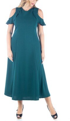 24seven Comfort Apparel Women's Plus Size Ruffle Cold Shoulder Maxi Dress