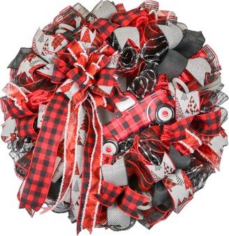 Christmas Buffalo Plaid Truck Wreath, Xmas Mesh Outdoor Front Door Wreaths, White Red Black