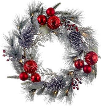 22-Inch Battery-Operated Red Berries, Balls and Silver Pinecone Wreath