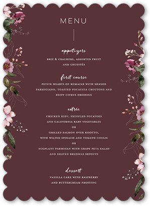 Wedding Menu Cards: Delicate Perennials Wedding Menu, Purple, 5X7 Flat Menu, Pearl Shimmer Cardstock, Scallop