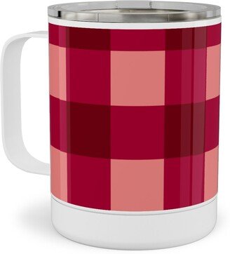 Travel Mugs: Gingham Check - Red And Pink Stainless Steel Mug, 10Oz, Red