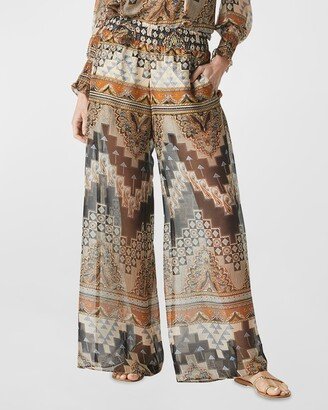 Pia Wide-Leg Geo-Print Chiffon Pants