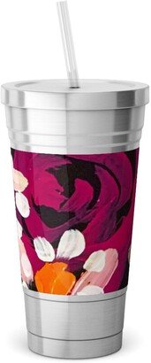 Travel Mugs: Summer Soiree Floral - Black Stainless Tumbler With Straw, 18Oz, Multicolor