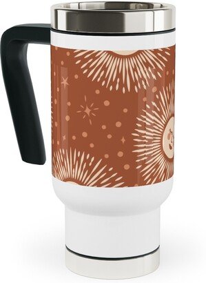 Travel Mugs: Golden Sun - Multidirectional - Rust Brown Travel Mug With Handle, 17Oz, Orange