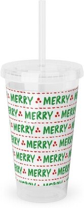 Travel Mugs: Hand Lettered Merry Acrylic Tumbler With Straw, 16Oz, Green