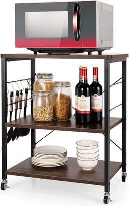 Tangkula Kitchen Baker's Rack 3-Tier Microwave Cart with Wheels&10 Hooks Nut Brown