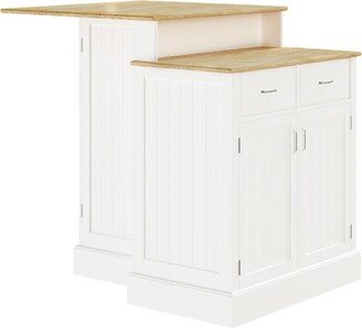 HOMCOM Kitchen Island with Storage Cabinet and 2-Level Rubber Wood Tabletop, Island Table with Adjustable Shelves and Drawers, White