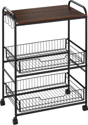 Homcom 24 3-Tier Rolling Kitchen Cart, Utility Storage Trolley with 2 Basket Drawers, Side Hooks for Dining Room, Walnut Wood Tone