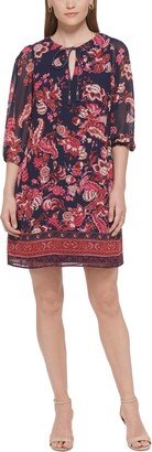 Petites Womens Tie Neck Short Mini Dress