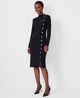 Petite Pearlized Button Trim Ribbed Sweater Dress