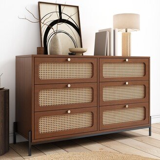 TOSWIN Modern Cannage 6-Drawer Dresser, Versatile Storage Solution with Rattan Accents