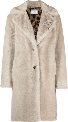 Skull-Appliqué Faux-Fur Coat